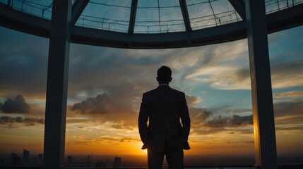 Silhouette of businessman standing with hands on hip in office building showing his ambitions,...