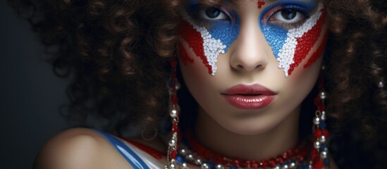 A curly haired young woman with her face painted in the colors of the American flag, red and blue, complemented by a silver chain around her neck.