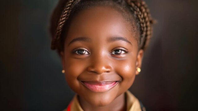 A black Liberian girl wearing a red khaki school uniform, smiling, charming eyes.