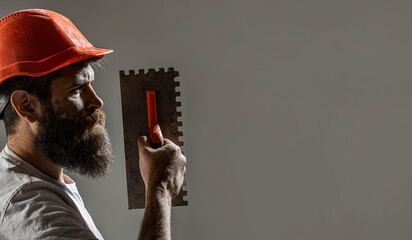 Plasterer renovating wall. Profile of bearded builder. Worker with plastering tools. Renovating...