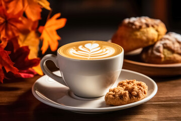  latte on a table with fall leaves and a scone on a plate