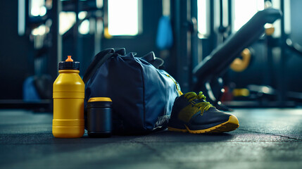 Closeup of the black sport bag, shoes or sneakers and protein shake or water bottles on the gym floor indoors. Workout club interior equipment and accessories, recreational and sporty activity