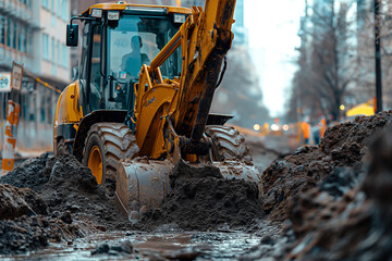 Bulldozer working at construction site with other machinery