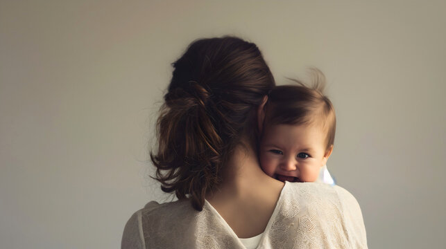 Rearview of the mother holding her newborn infant baby, young mom or female parent bonding together with her happy child. Smiling little baby, son or daughter, joyful togetherness in a home interior