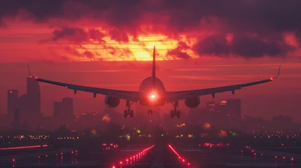 Fotobehang Plane landing at sunset. © Nim
