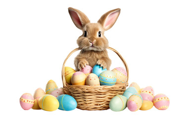 Fototapeta na wymiar Cute Easter Bunny with Filled Basket Isolated on Transparent Background PNG.