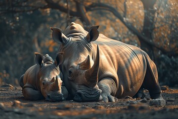 A Rhinoceros family in the forest
