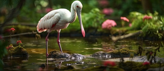A white African spoonbill bird with a long beak is standing in the water at the waters edge in Merseyside, England. The bird is surrounded by vibrant green scenery. - obrazy, fototapety, plakaty