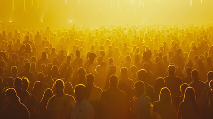 A crowd basks in the golden glow of a concert's stage lights.