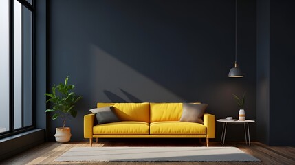 Building with a yellow couch, black wall, wood flooring, plant