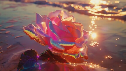 burst of light , a rose in love at the flower sandy beach  petals,holographic anodized chrome transparent.