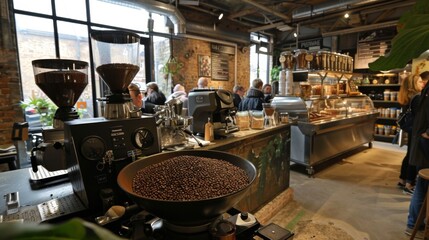 Fototapeta na wymiar Hip coffee house scene with barista machines, fresh beans, and customers enjoying the ambience.