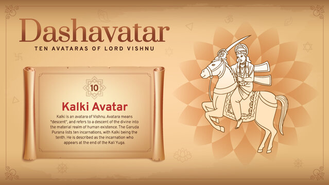 Kalki Avatar-Unveiling Vishnu's Future Savior Incarnation-A Vintage Infographic Journey Through the Ten Avatars of Dashavatara