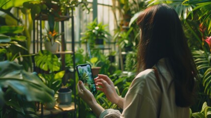 Obraz premium Urban Gardener Using Smartphone to Manage Lush Indoor Plant Collection, Blending Technology with Home Horticulture. Tech-Savvy Plant Care, Mobile Technology Amidst Verdant Greens