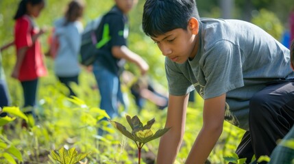 Young Environmentalist Tenderly Inspects Plant During Outdoor Educational Activity, Inspiring Conservation Leadership. Boy Engages with Nature in a Youth Environmental Leadership Program.