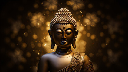 A serene Buddha statue is illuminated with soft, golden bokeh lights.