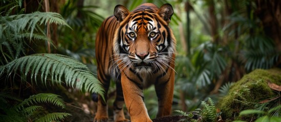 Majestic Tiger Strolling Through Lush Jungle Wilderness