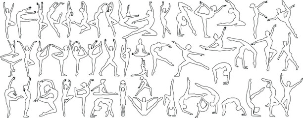 Gymnast line art showcasing dynamic poses of gymnast, flexibility, strength, grace. Ideal for sports illustrations, artistic projects, fitness promotions