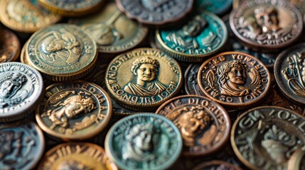 Bronze coins, clinking in ancient markets, currency of empires long gone - obrazy, fototapety, plakaty