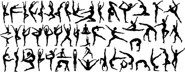 Gymnast silhouette set. dynamic gymnast poses, artistic performance, flexibility, strength, fitness, sports, Gymnast silhouette vector design for  balance, gracefulness