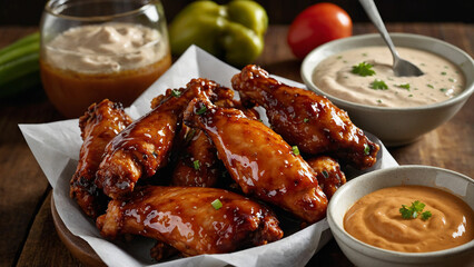 BBQ chicken wings alongside a variety of dipping sauces each one carefully arranged in vibrant bowls and zoom in on the moment when a crispy wing is dipped into a creamy ranch sauce - obrazy, fototapety, plakaty