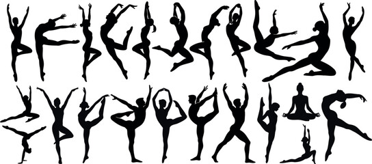 Gymnast silhouette set. dynamic gymnast poses, artistic performance, flexibility, strength, fitness, sports, Gymnast silhouette vector design for  balance, gracefulness