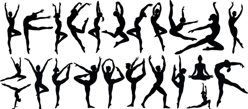 Gymnast silhouette set. dynamic gymnast poses, artistic performance, flexibility, strength, fitness, sports, Gymnast silhouette vector design for  balance, gracefulness