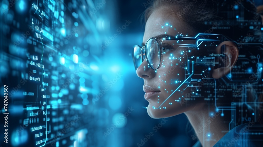 Wall mural it woman specialist working with ai algorithms. digital technology concept.