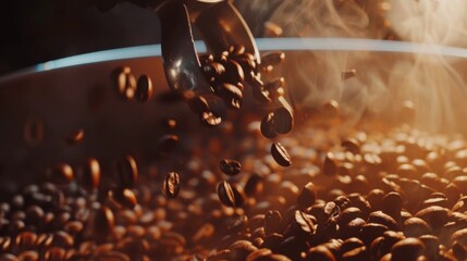 Close-up of coffee beans with steam emanating in warm light, capturing the roasting process.