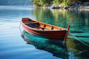 An old wooden boat on the surface of clear water near the shore. Generated by artificial intelligence