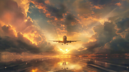 An airliner soaring through a sunrise scene, portraying a feel of renewal and hope - obrazy, fototapety, plakaty