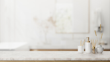 A presentation space on a luxury white marble table features toiletries in an elegant bathroom.