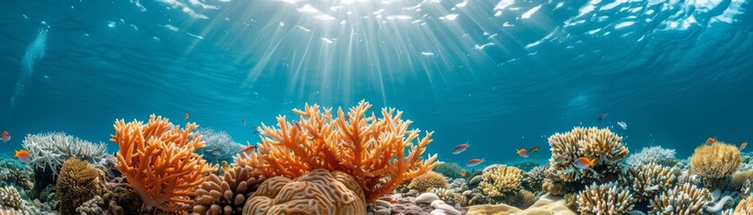 Coral bleaching research using cybernetic enhancements, merging marine conservation with futuristic tech - obrazy, fototapety, plakaty