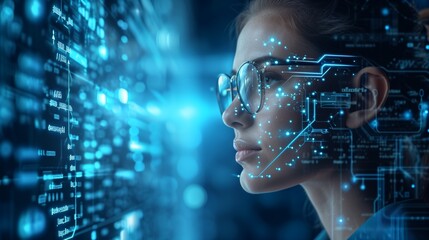 IT woman specialist working with AI algorithms. Digital technology concept. - obrazy, fototapety, plakaty