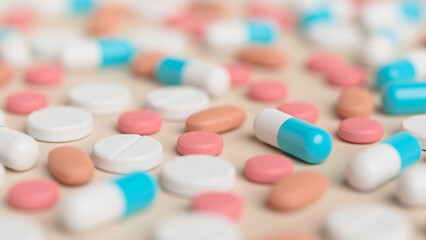 Medicine pharmacy pharmaceutical drugstore healthcare medical tablet pills medical tabs capsules concept. 3d rendering.