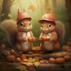 Adorable 2D-style squirrels collecting acorns