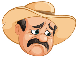 Cartoon of a sad cowboy with a large hat.