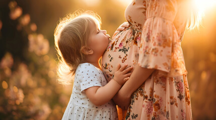 Little toddler girl kissing her mother's pregnant belly or stomach. Wife or woman expecting a new child together with family, standing outdoors during the sunset, loving family, daughter and mom