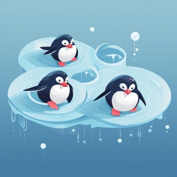 Cute 2D-style penguins sliding on ice