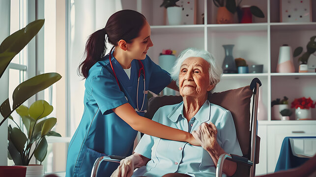 Nurse caring for an elderly woman at home. Support from a geriatric physician or a nursing and elderly caregiver. Health care