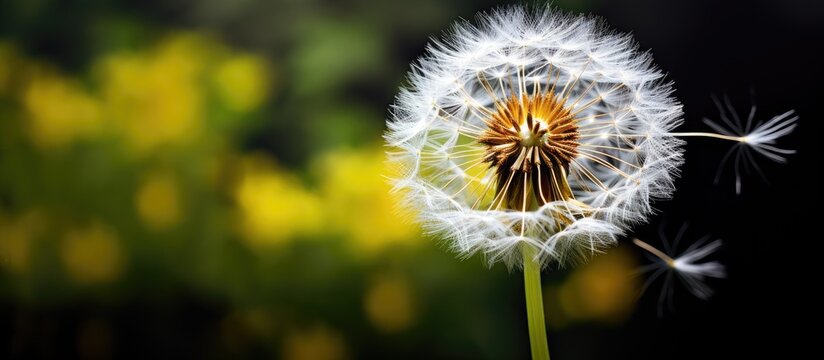 A beautiful spring dandelion, known as Taraxacum officinale, is being blown by the wind in this image. The delicate flowers seeds are dispersing through the air, carried away by the gentle breeze.