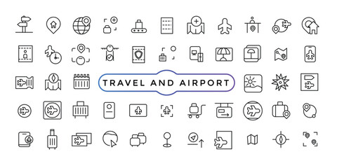 Travel and vacation linear icons collection. Collection of traveling and tourism elements. Vector illustration.