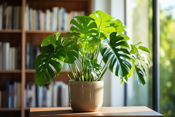 Beautiful monstera in a pot in the room. Generated by artificial intelligence