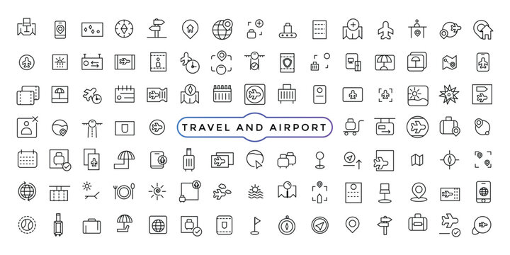 Travel and vacation linear icons collection. Collection of traveling and tourism elements. Vector illustration.