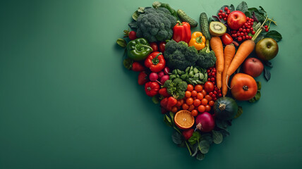 A heart shape created from fresh vegetables, vegan, organic and healthy nutrition