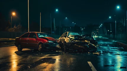  Two wrecked or broken red cars on the road, damaged bumper on automobiles on the city street at night. Dangerous collision, hit at high speed, driving disaster, transportation incident © Nemanja