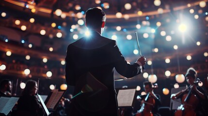 An enthralling live performance by a symphony orchestra, featuring musicians with various instruments on stage during a concert. - obrazy, fototapety, plakaty