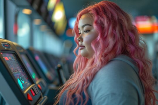 Happy overweight beautiful woman with pink hair on workout in a fitness club. Power training Dance training, aerobic workout, group training. Plus size woman in a gym, healthy concept. Сardio workout