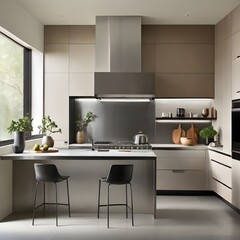 Create a minimalist kitchen with sleek countertops and stainless steel appliances.