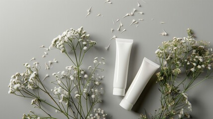 Blank white tube mockup for branding, arranged neatly on a minimalist gray background, symbolizing a generic cream or skincare product without any labels.